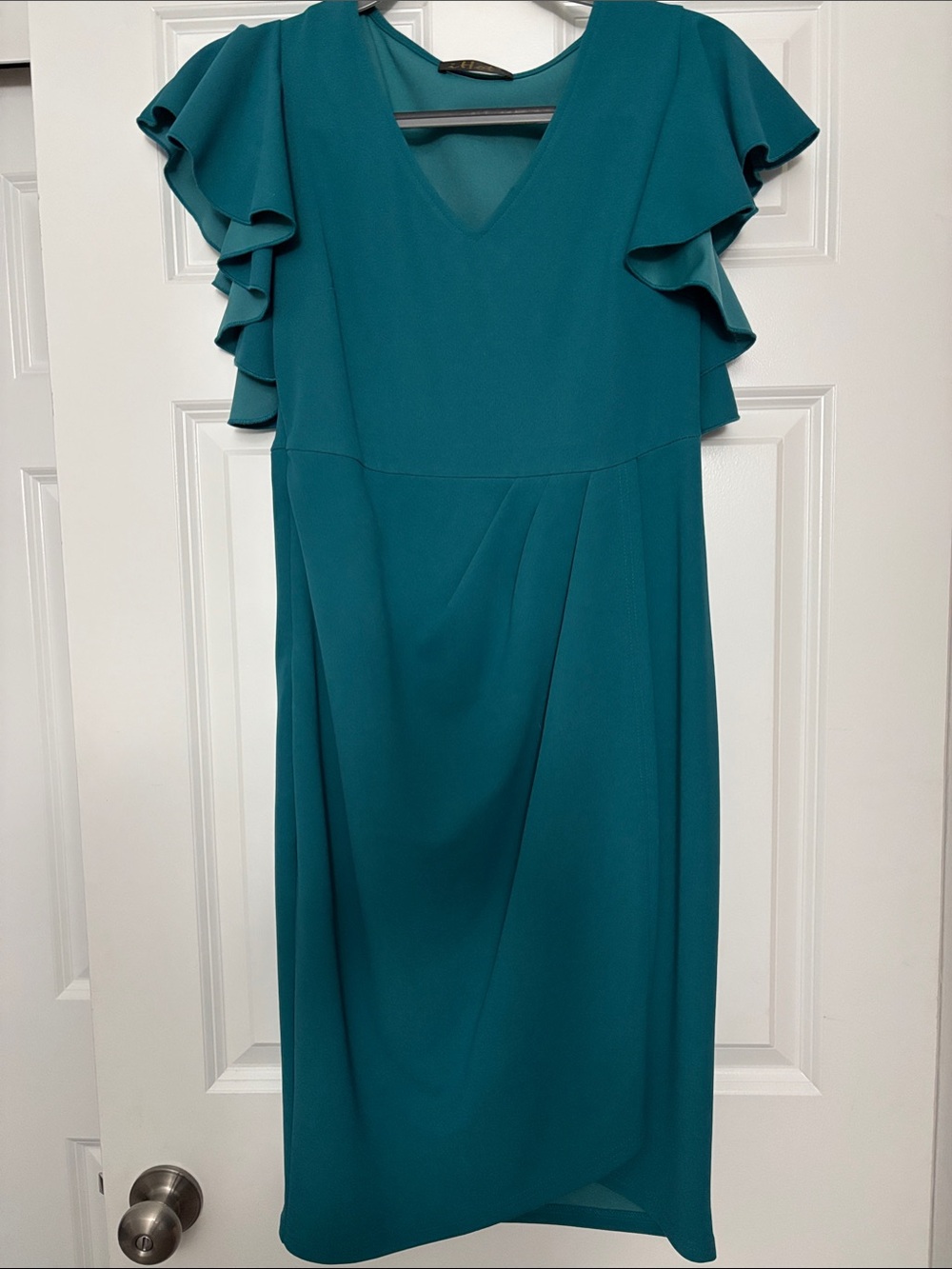 Teal V-Neck Ruffle Sleeve Midi Dress